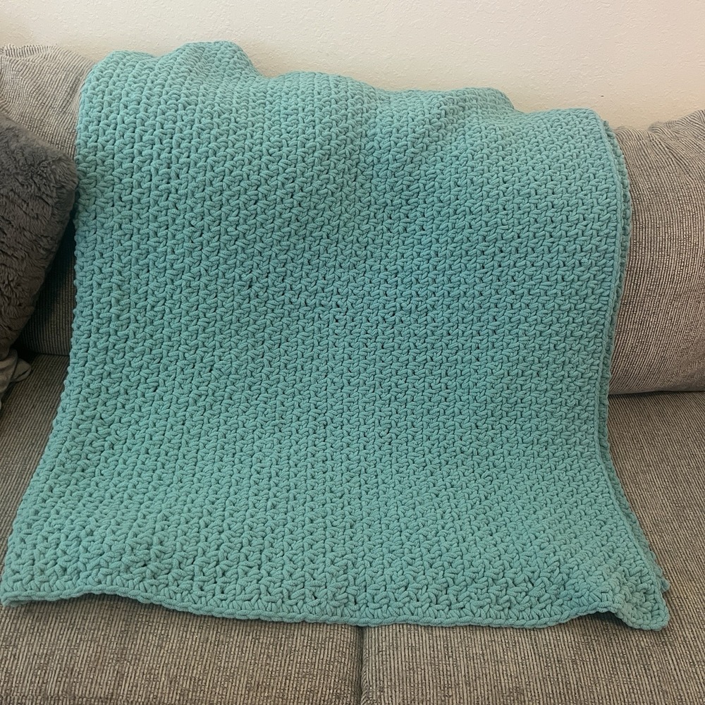 Vintage Handmade Turquoise Crochet Blanket Afghan 45' x75" Boho Cozy Knit Throw